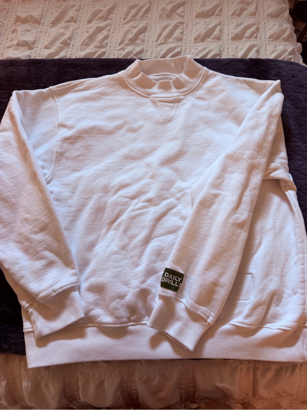 Daily Drills White Crewneck Sweatshirt with Small Logo Patch